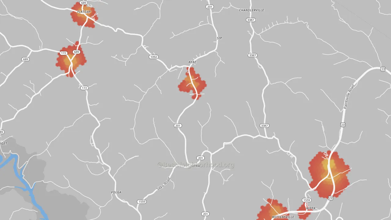 Walk Grade map of 41255, KY, walkable areas in green and car-dependent areas in red
