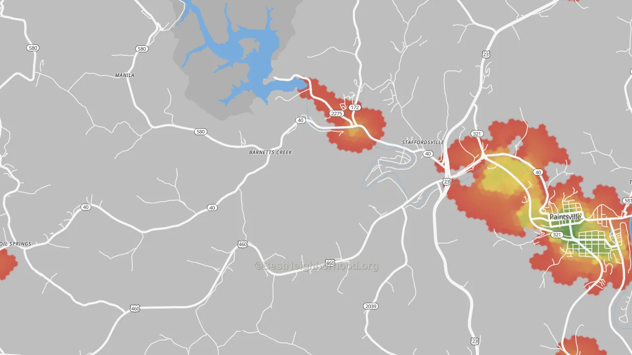 Walk Grade map of 41256, KY, walkable areas in green and car-dependent areas in red