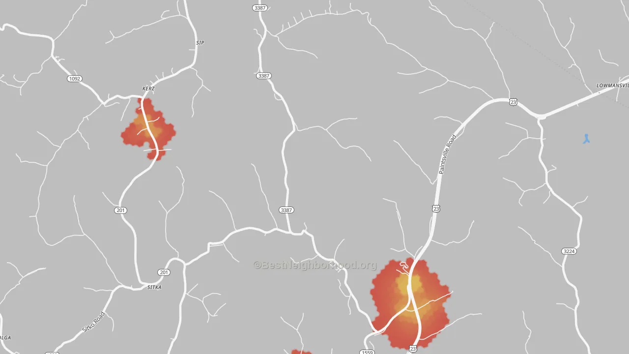 Walk Grade map of 41257, KY, walkable areas in green and car-dependent areas in red