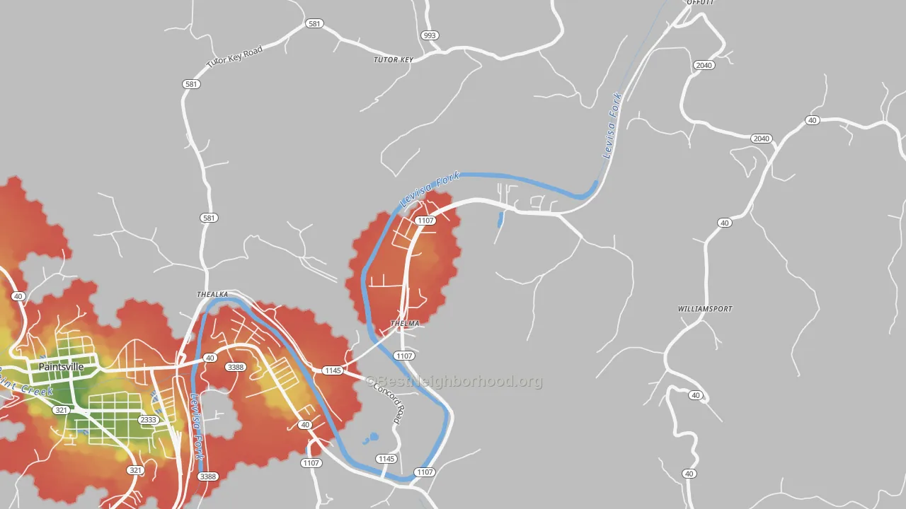Walk Grade map of 41260, KY, walkable areas in green and car-dependent areas in red