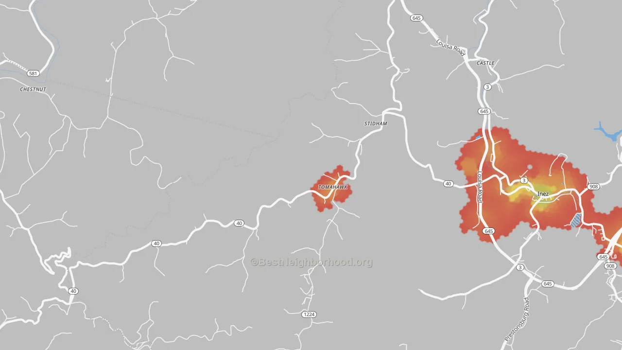 Walk Grade map of 41262, KY, walkable areas in green and car-dependent areas in red