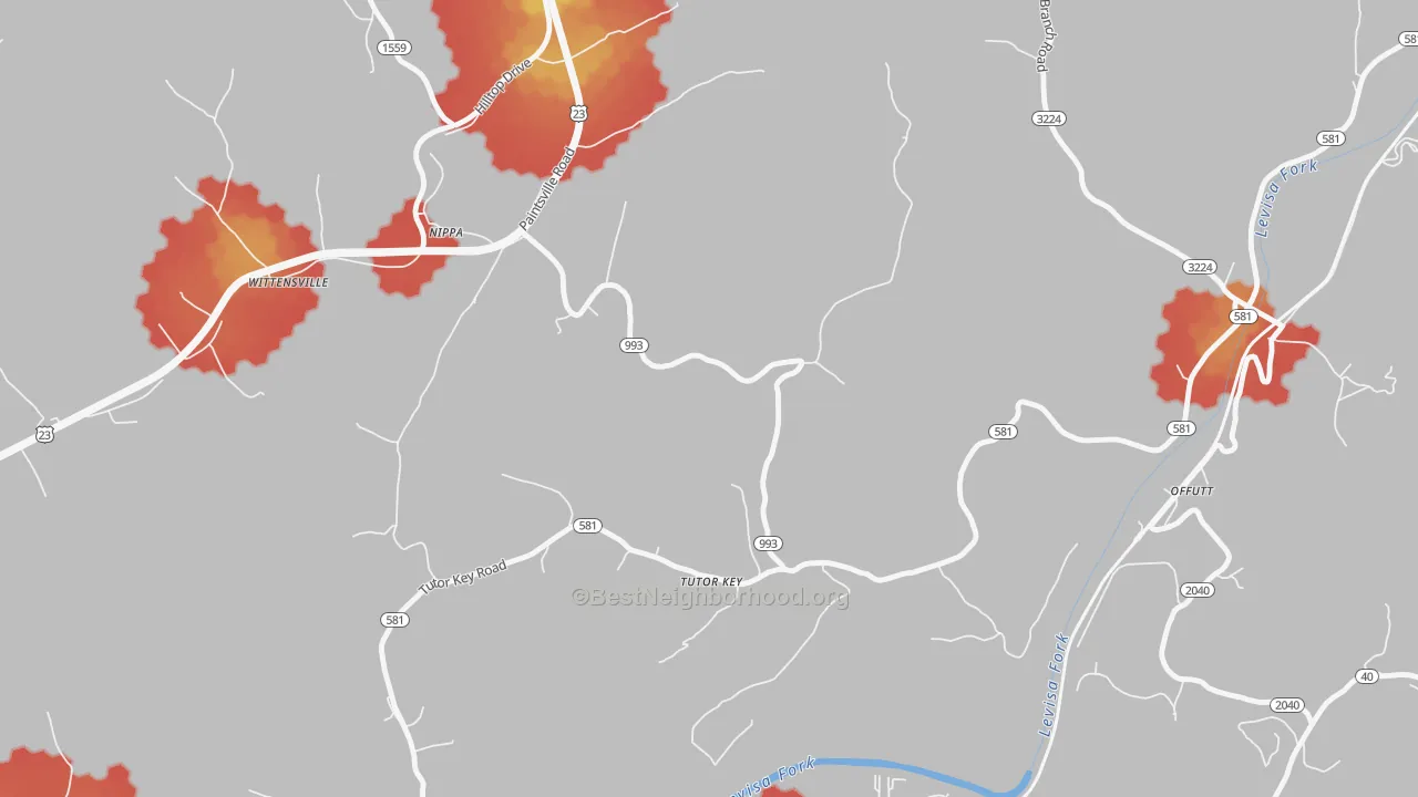 Walk Grade map of 41263, KY, walkable areas in green and car-dependent areas in red