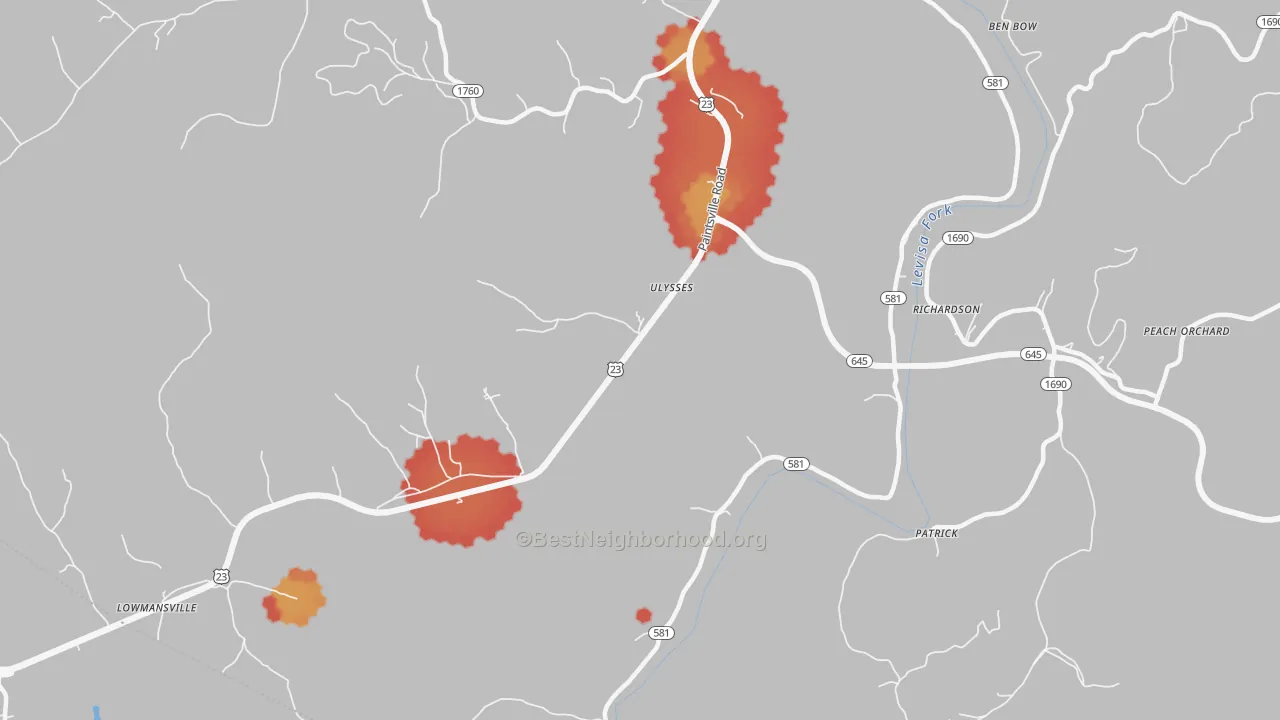 Walk Grade map of 41264, KY, walkable areas in green and car-dependent areas in red