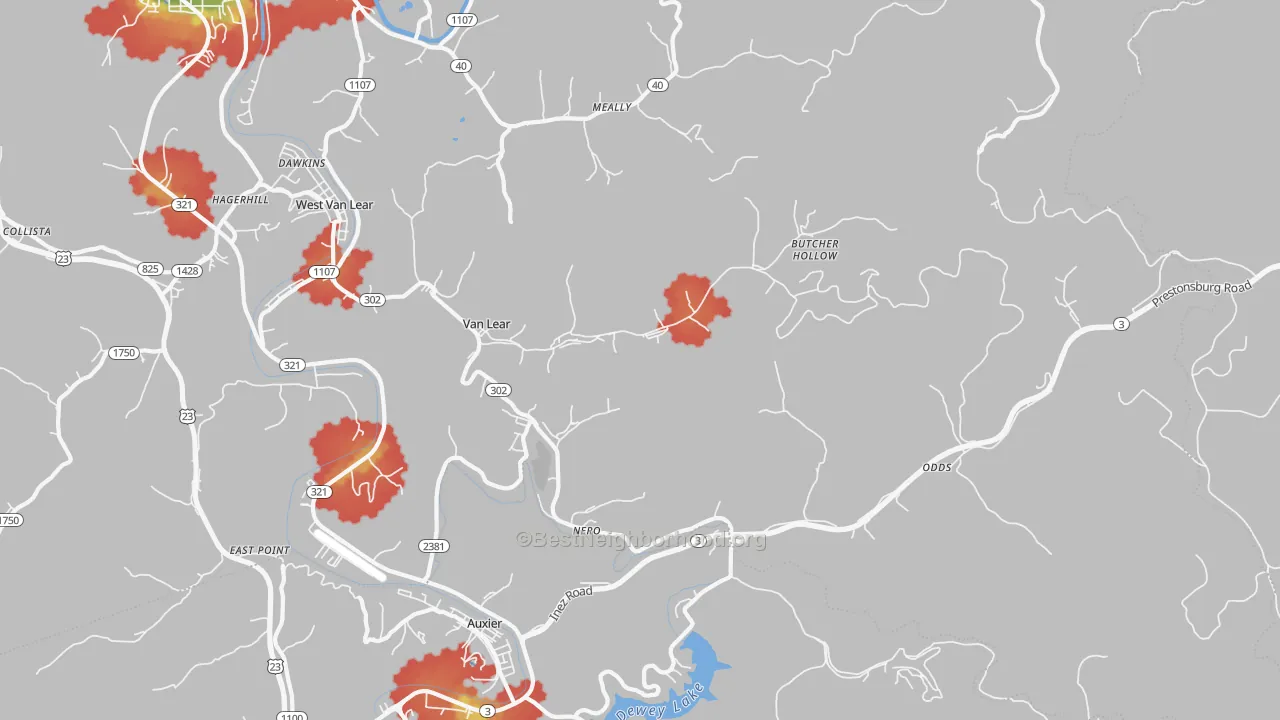 Walk Grade map of 41265, KY, walkable areas in green and car-dependent areas in red