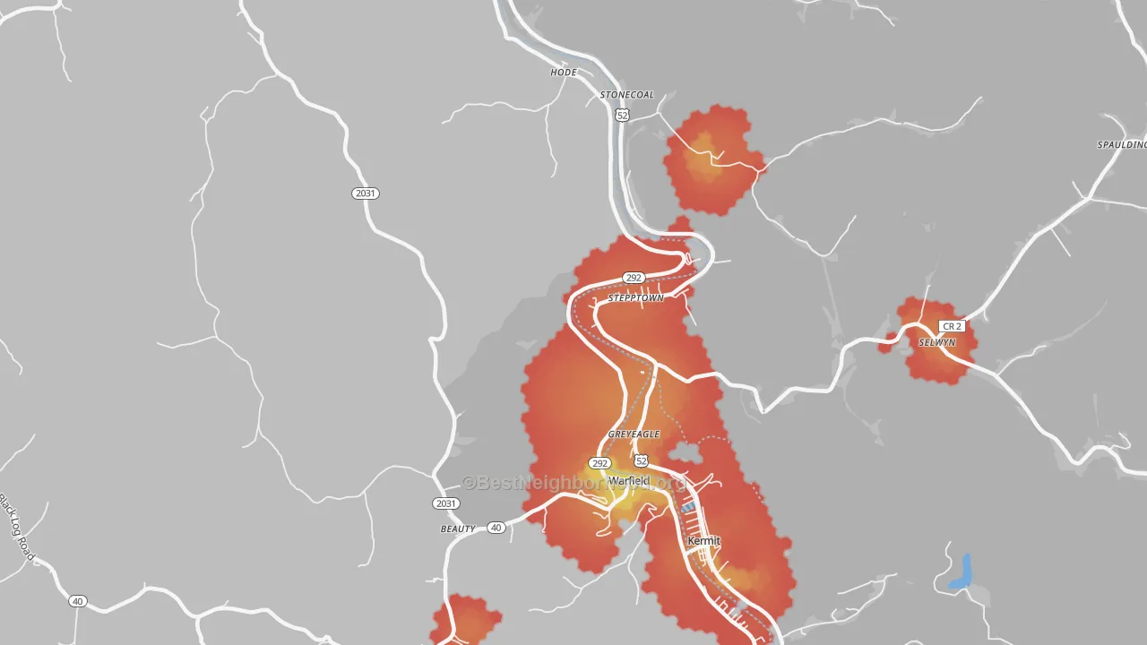 Walk Grade map of 41267, KY, walkable areas in green and car-dependent areas in red