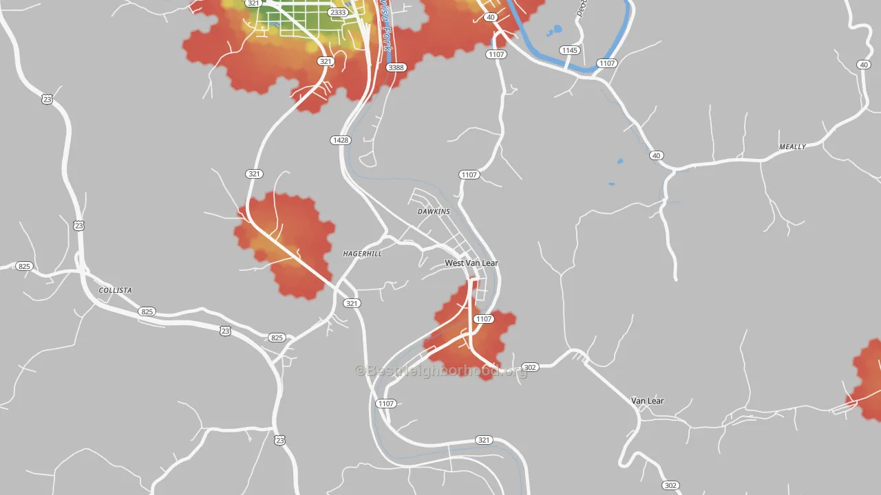 Walk Grade map of 41268, KY, walkable areas in green and car-dependent areas in red
