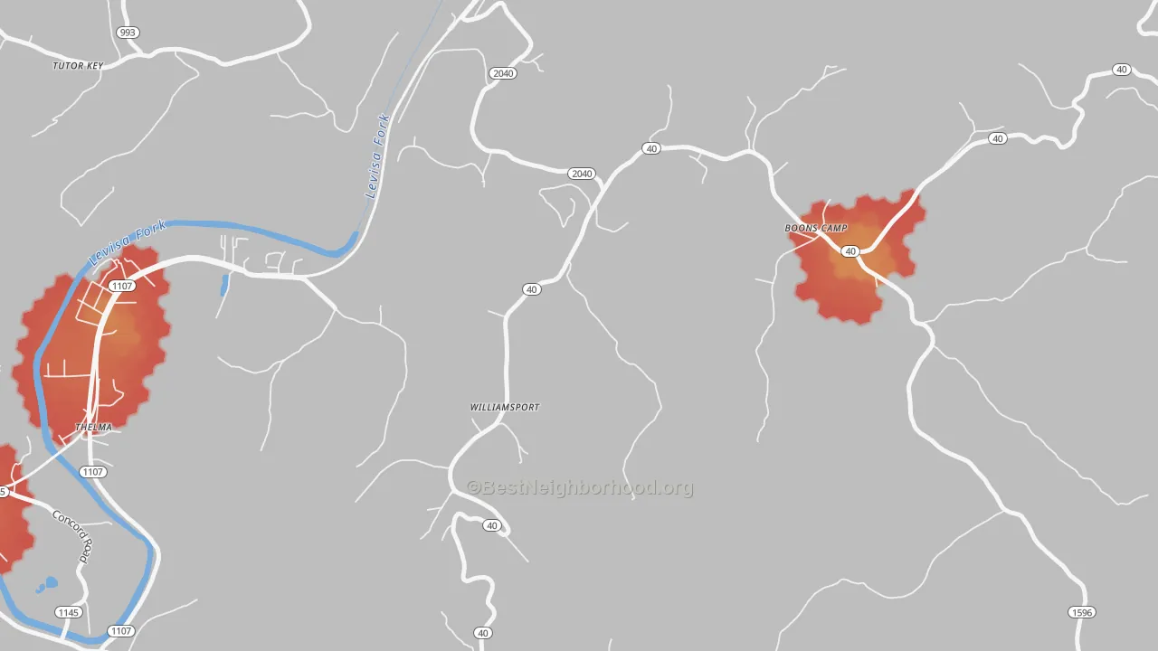 Walk Grade map of 41271, KY, walkable areas in green and car-dependent areas in red