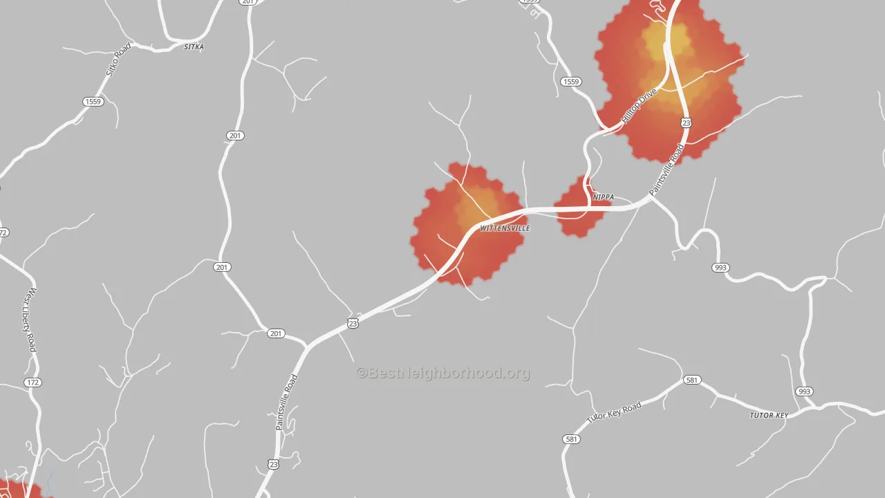 Walk Grade map of 41274, KY, walkable areas in green and car-dependent areas in red