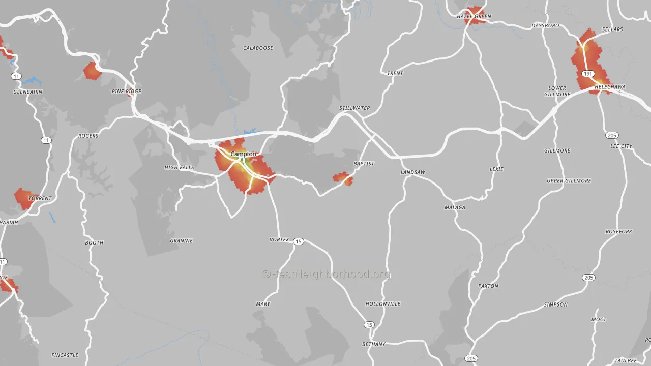 Walk Grade map of 41301, KY, walkable areas in green and car-dependent areas in red