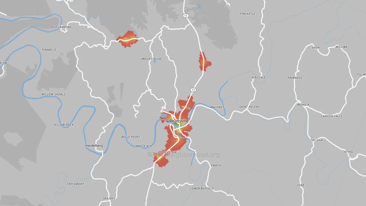 Walk Grade map of 41311, KY, walkable areas in green and car-dependent areas in red