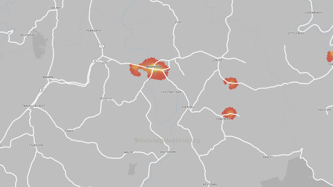 Walk Grade map of 41314, KY, walkable areas in green and car-dependent areas in red