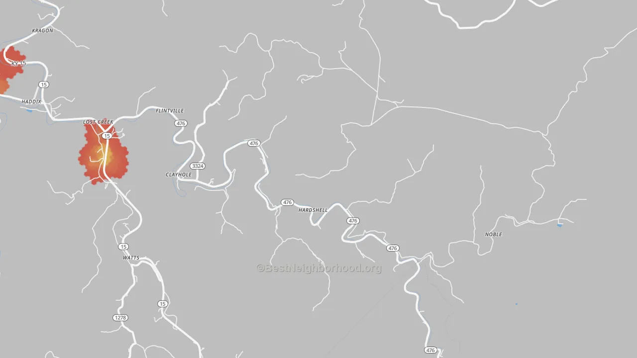 Walk Grade map of 41317, KY, walkable areas in green and car-dependent areas in red
