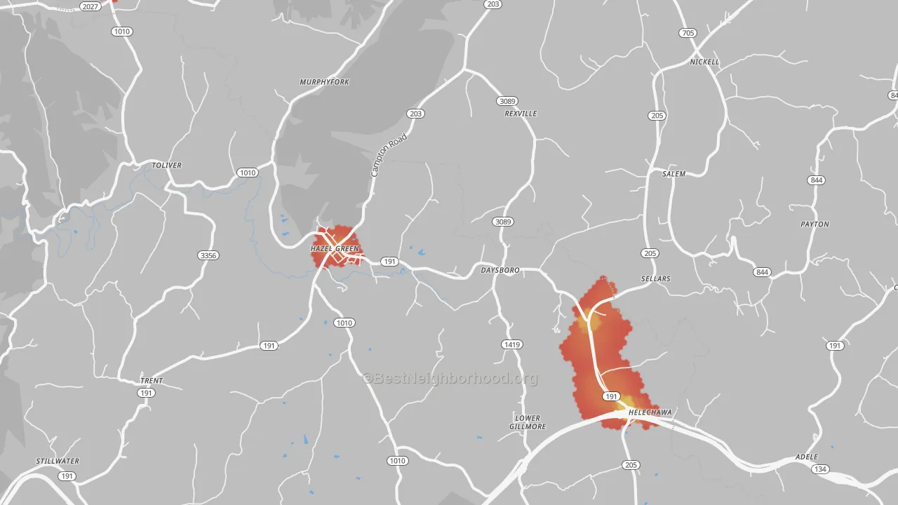 Walk Grade map of 41332, KY, walkable areas in green and car-dependent areas in red