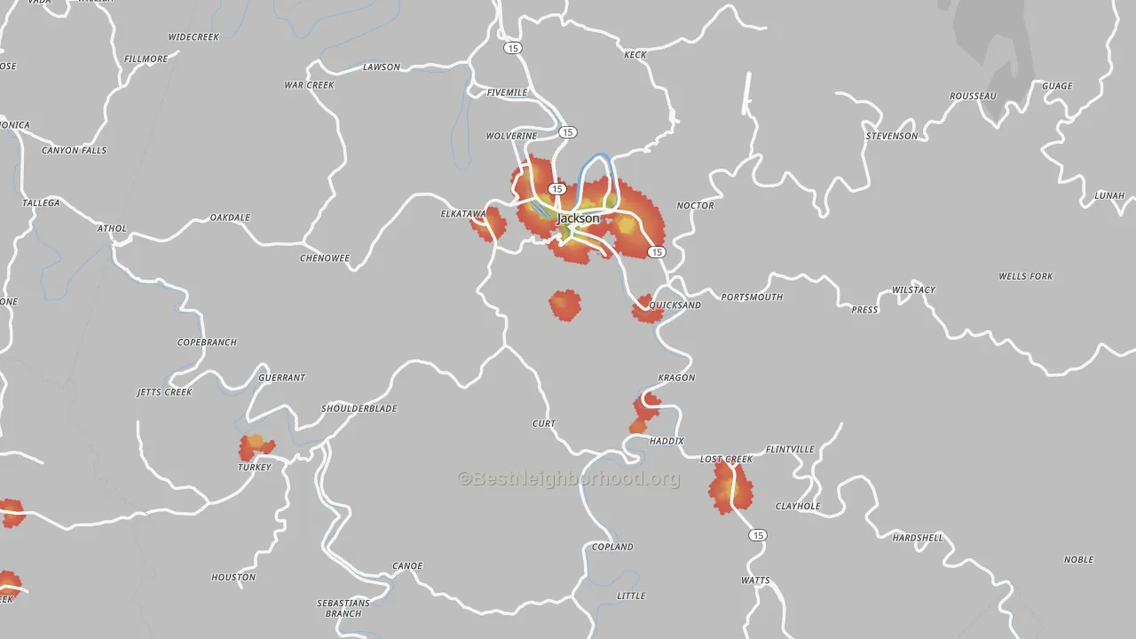 Walk Grade map of 41339, KY, walkable areas in green and car-dependent areas in red