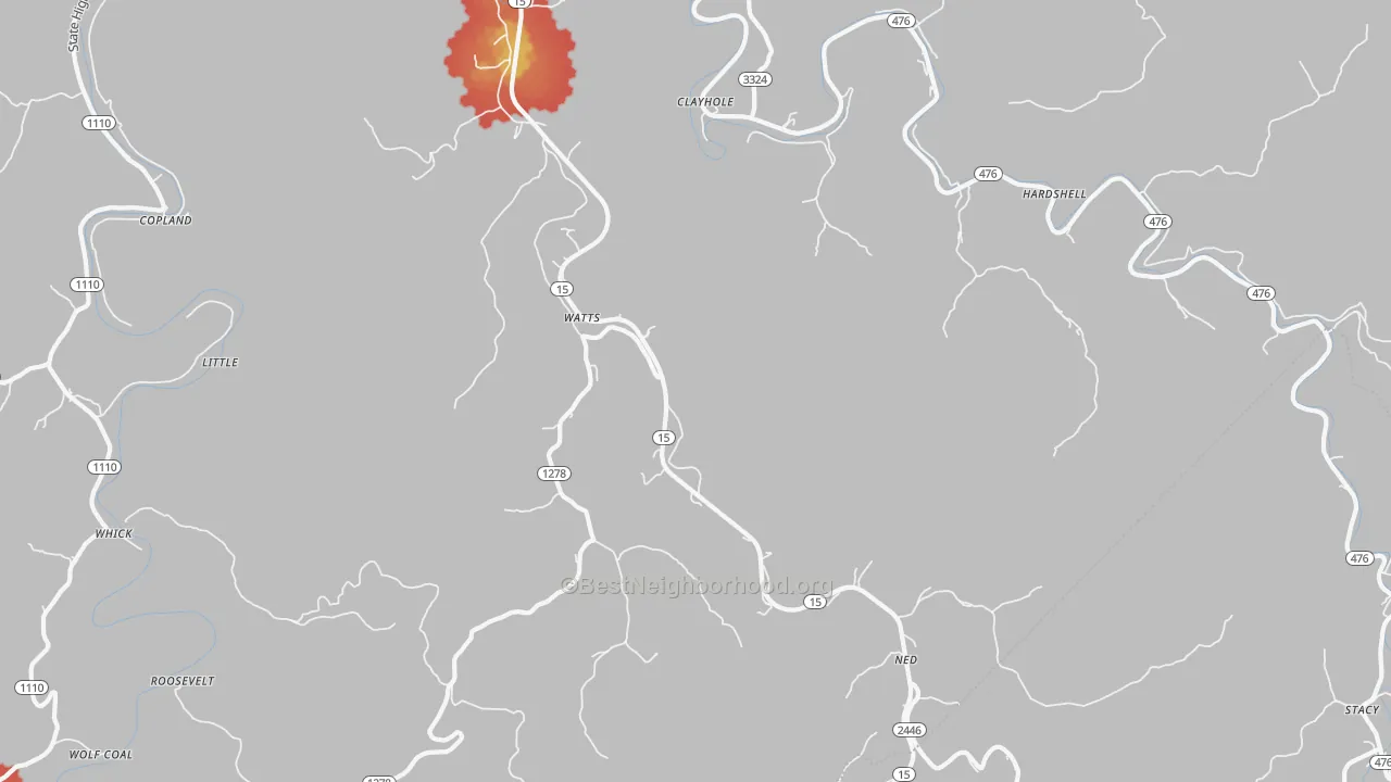 Walk Grade map of 41348, KY, walkable areas in green and car-dependent areas in red