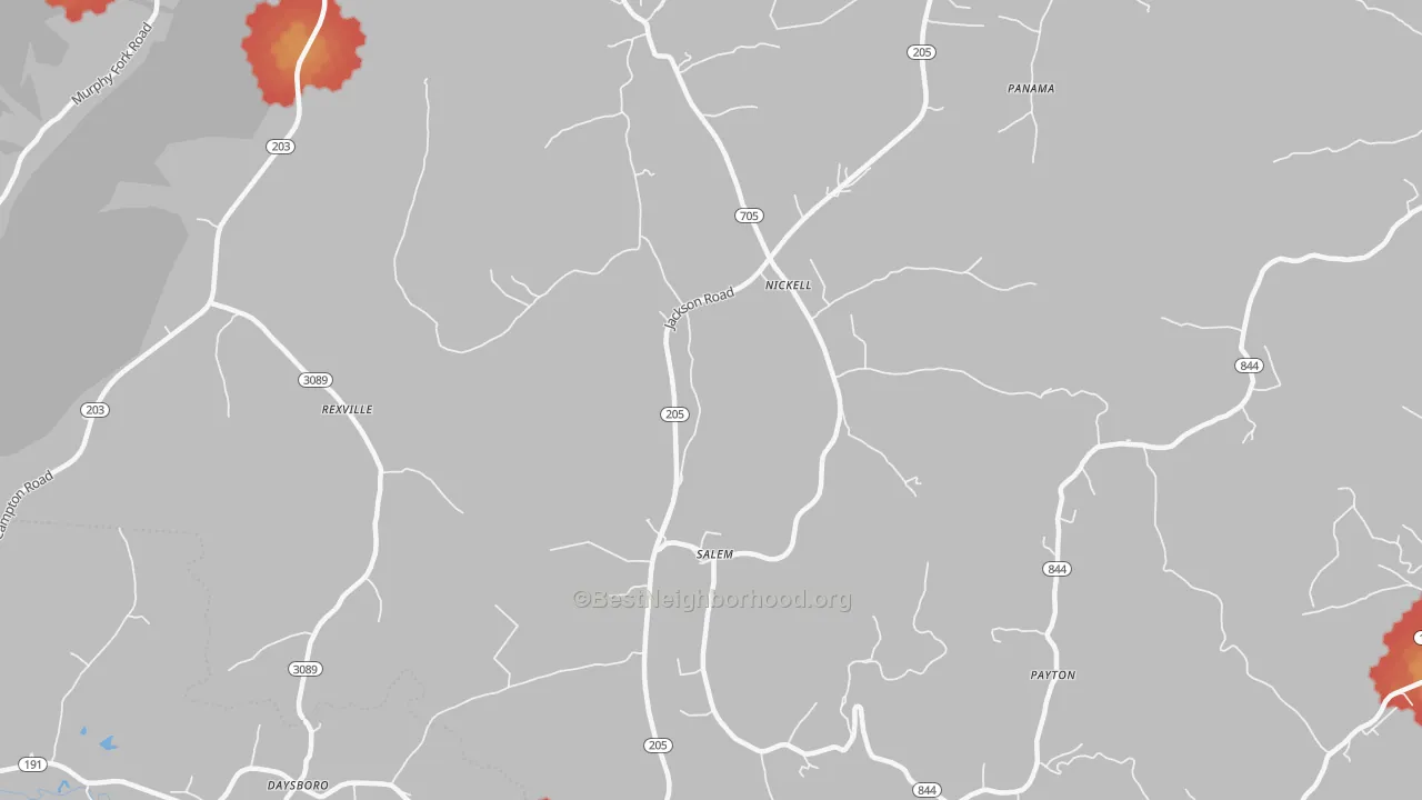 Walk Grade map of 41352, KY, walkable areas in green and car-dependent areas in red