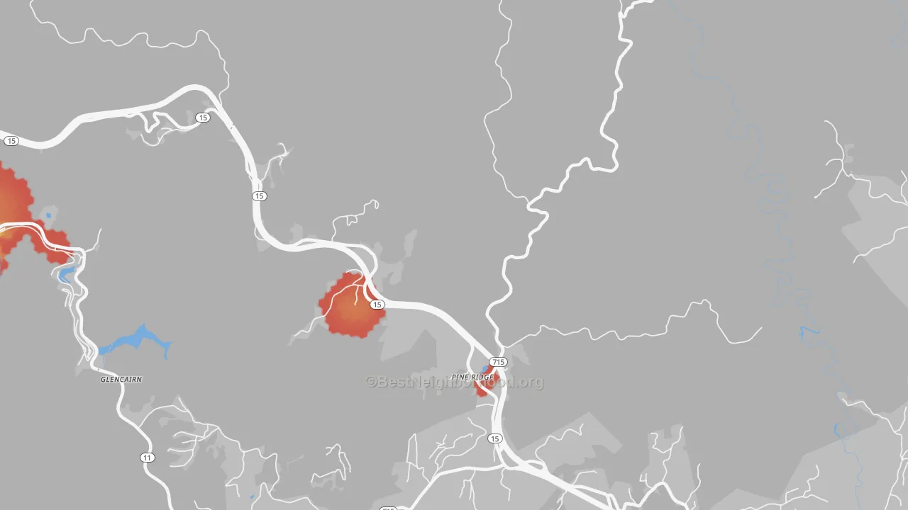 Walk Grade map of 41360, KY, walkable areas in green and car-dependent areas in red