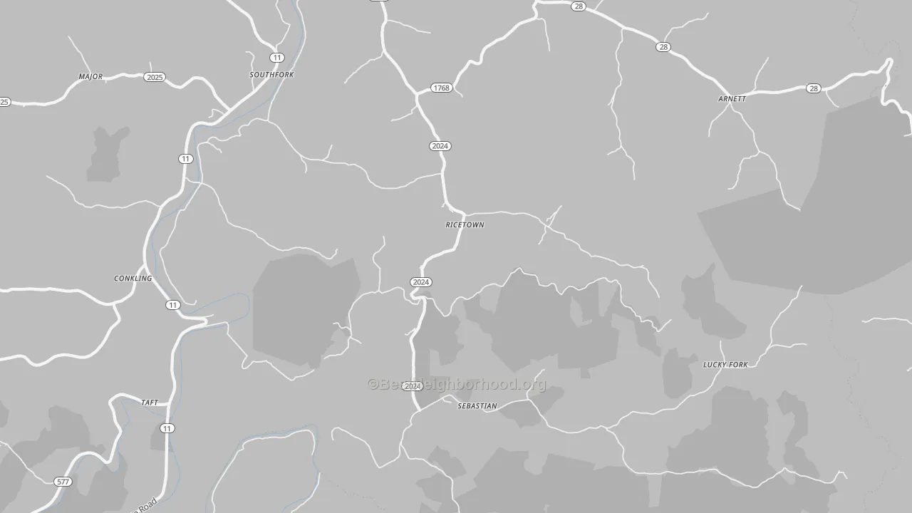 Walk Grade map of 41364, KY, walkable areas in green and car-dependent areas in red