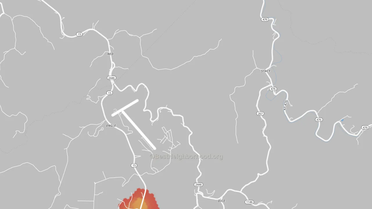 Walk Grade map of 41367, KY, walkable areas in green and car-dependent areas in red