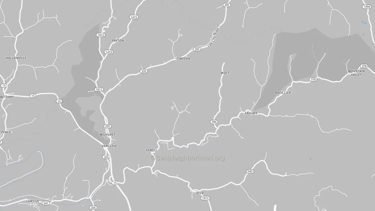 Walk Grade map of 41385, KY, walkable areas in green and car-dependent areas in red