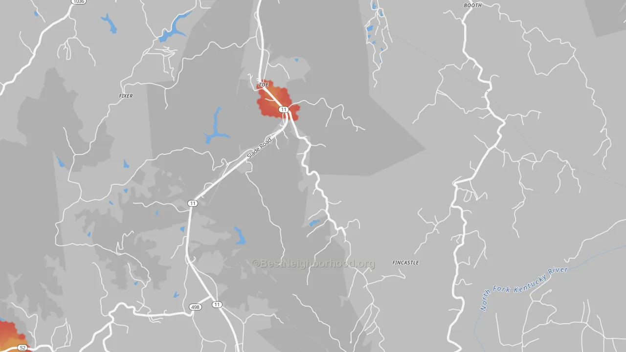 Walk Grade map of 41397, KY, walkable areas in green and car-dependent areas in red