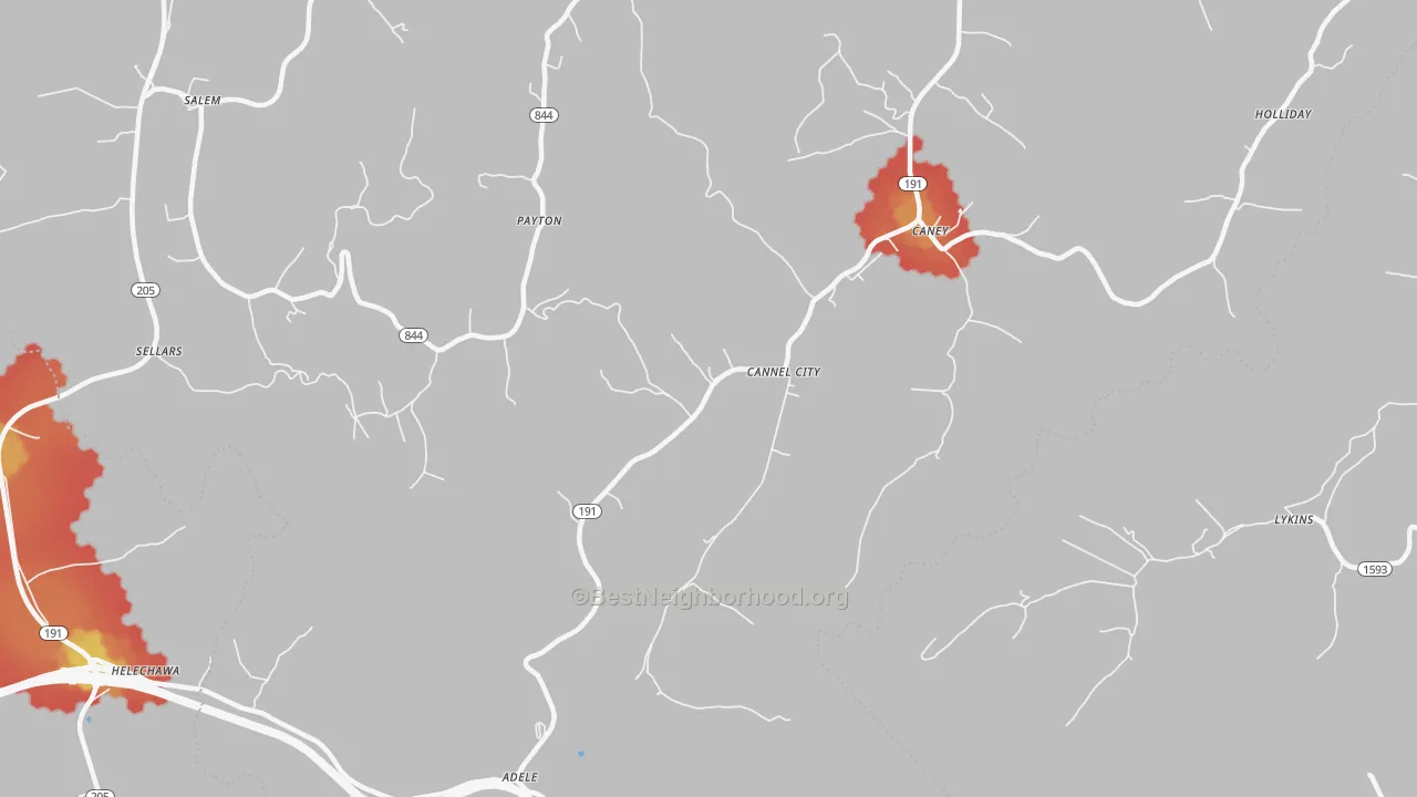 Walk Grade map of 41408, KY, walkable areas in green and car-dependent areas in red