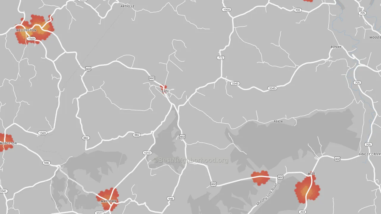 Walk Grade map of 41425, KY, walkable areas in green and car-dependent areas in red