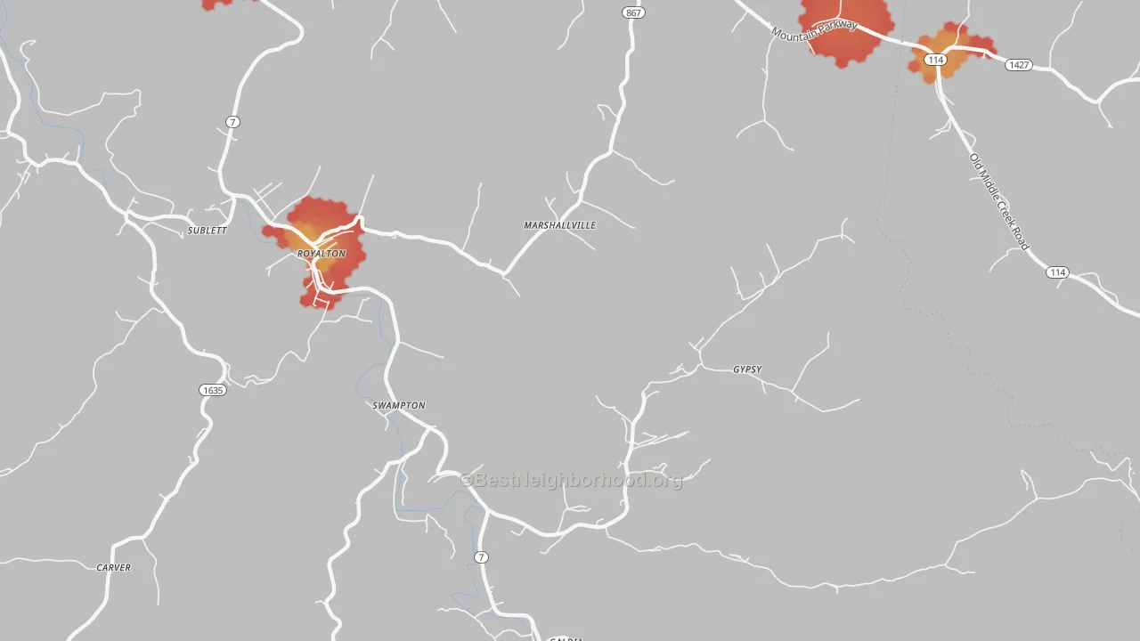 Walk Grade map of 41464, KY, walkable areas in green and car-dependent areas in red