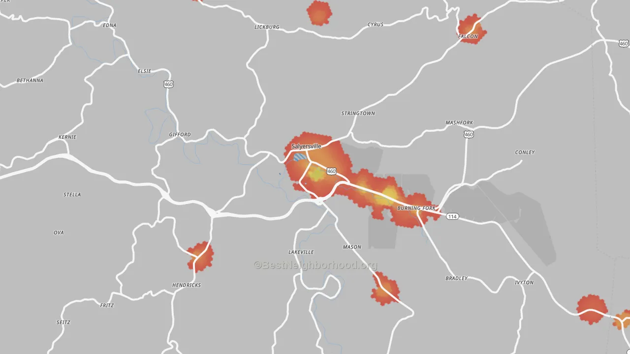 Walk Grade map of 41465, KY, walkable areas in green and car-dependent areas in red