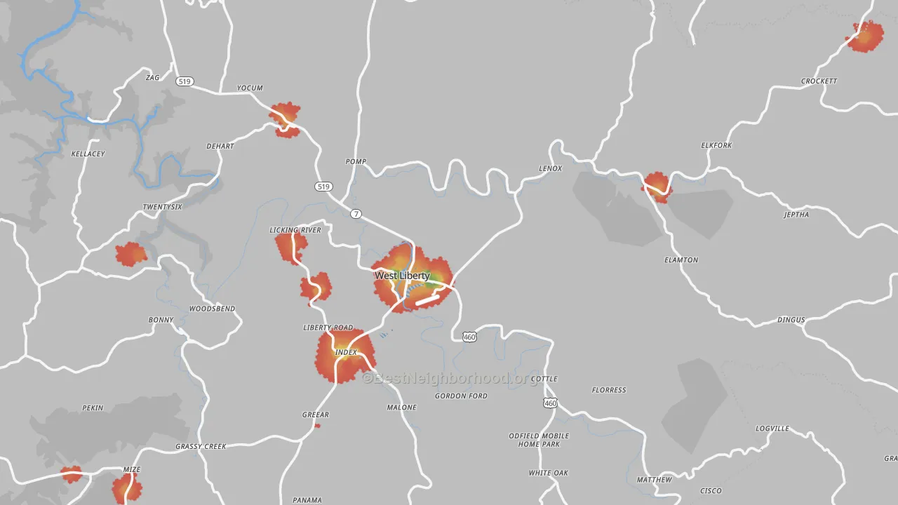 Walk Grade map of 41472, KY, walkable areas in green and car-dependent areas in red