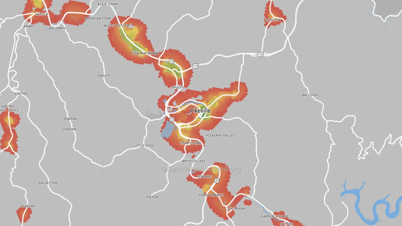 Walk Grade map of 41501, KY, walkable areas in green and car-dependent areas in red