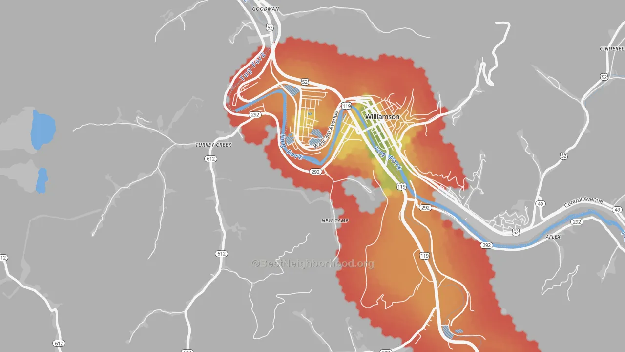 Walk Grade map of 41503, KY, walkable areas in green and car-dependent areas in red