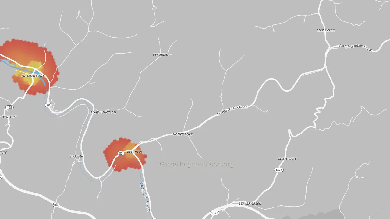 Walk Grade map of 41513, KY, walkable areas in green and car-dependent areas in red
