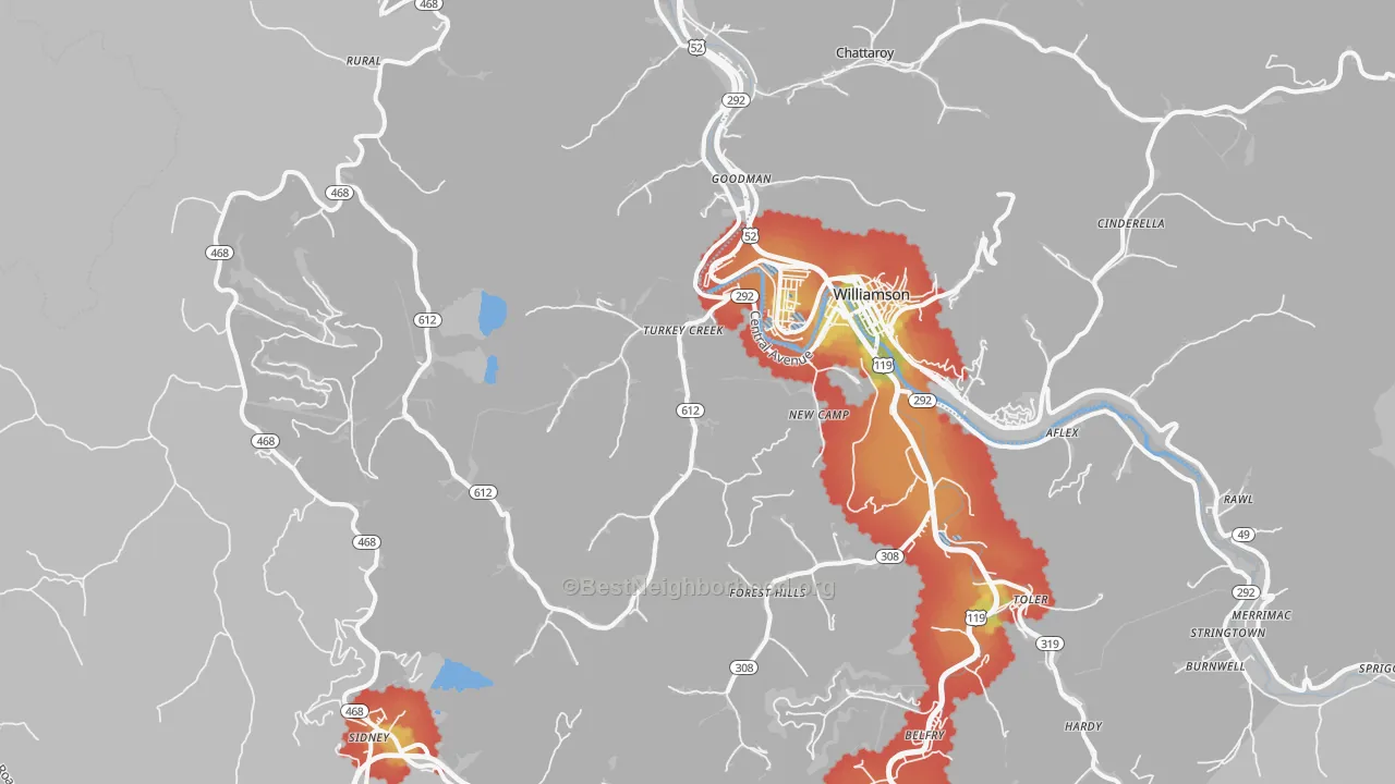 Walk Grade map of 41514, KY, walkable areas in green and car-dependent areas in red