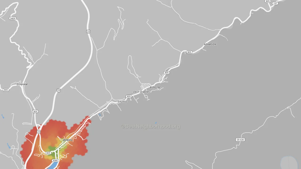 Walk Grade map of 41517, KY, walkable areas in green and car-dependent areas in red