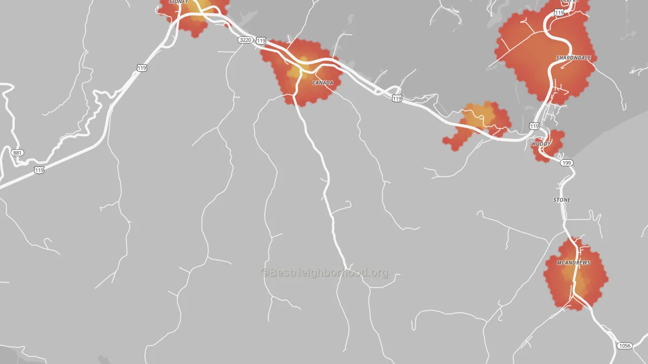 Walk Grade map of 41519, KY, walkable areas in green and car-dependent areas in red