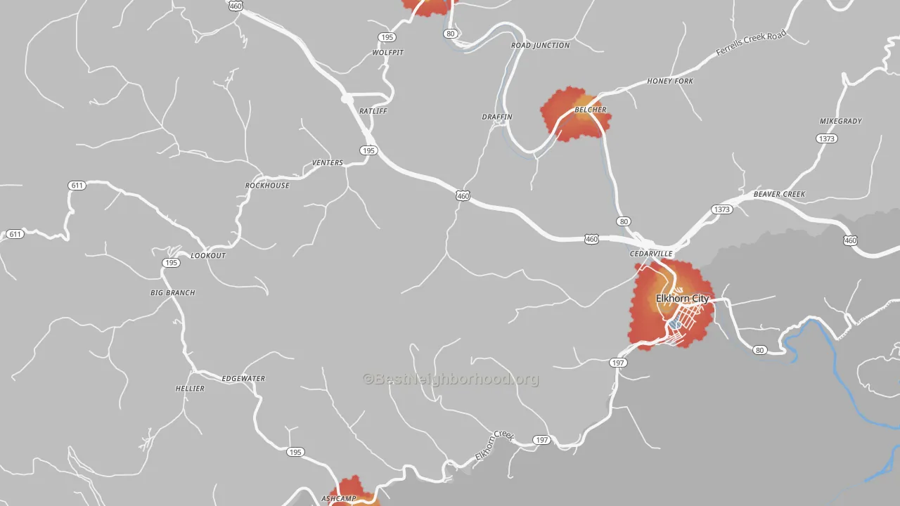 Walk Grade map of 41522, KY, walkable areas in green and car-dependent areas in red