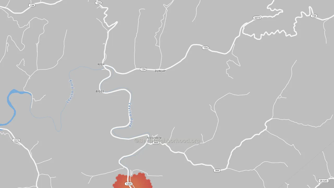 Walk Grade map of 41524, KY, walkable areas in green and car-dependent areas in red