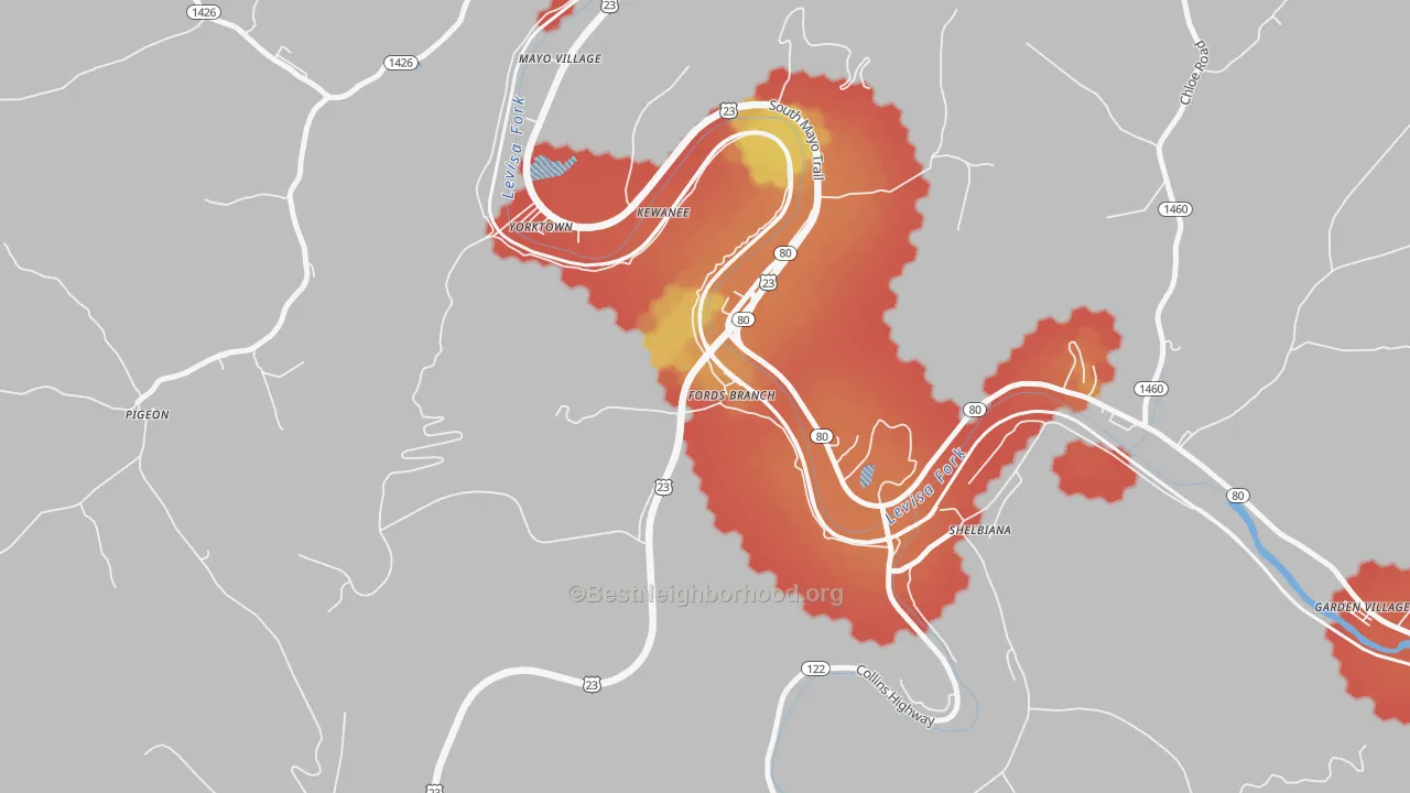 Walk Grade map of 41526, KY, walkable areas in green and car-dependent areas in red