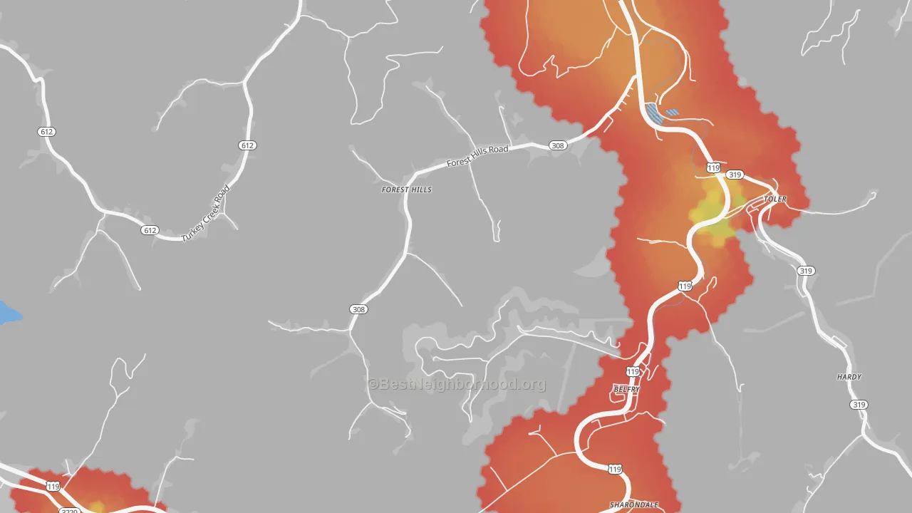 Walk Grade map of 41527, KY, walkable areas in green and car-dependent areas in red