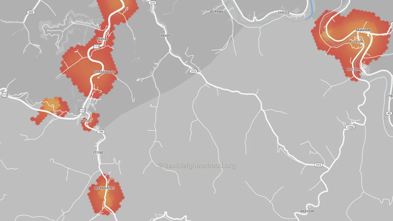 Walk Grade map of 41531, KY, walkable areas in green and car-dependent areas in red