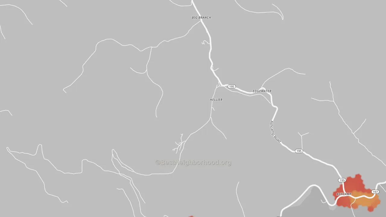 Walk Grade map of 41534, KY, walkable areas in green and car-dependent areas in red