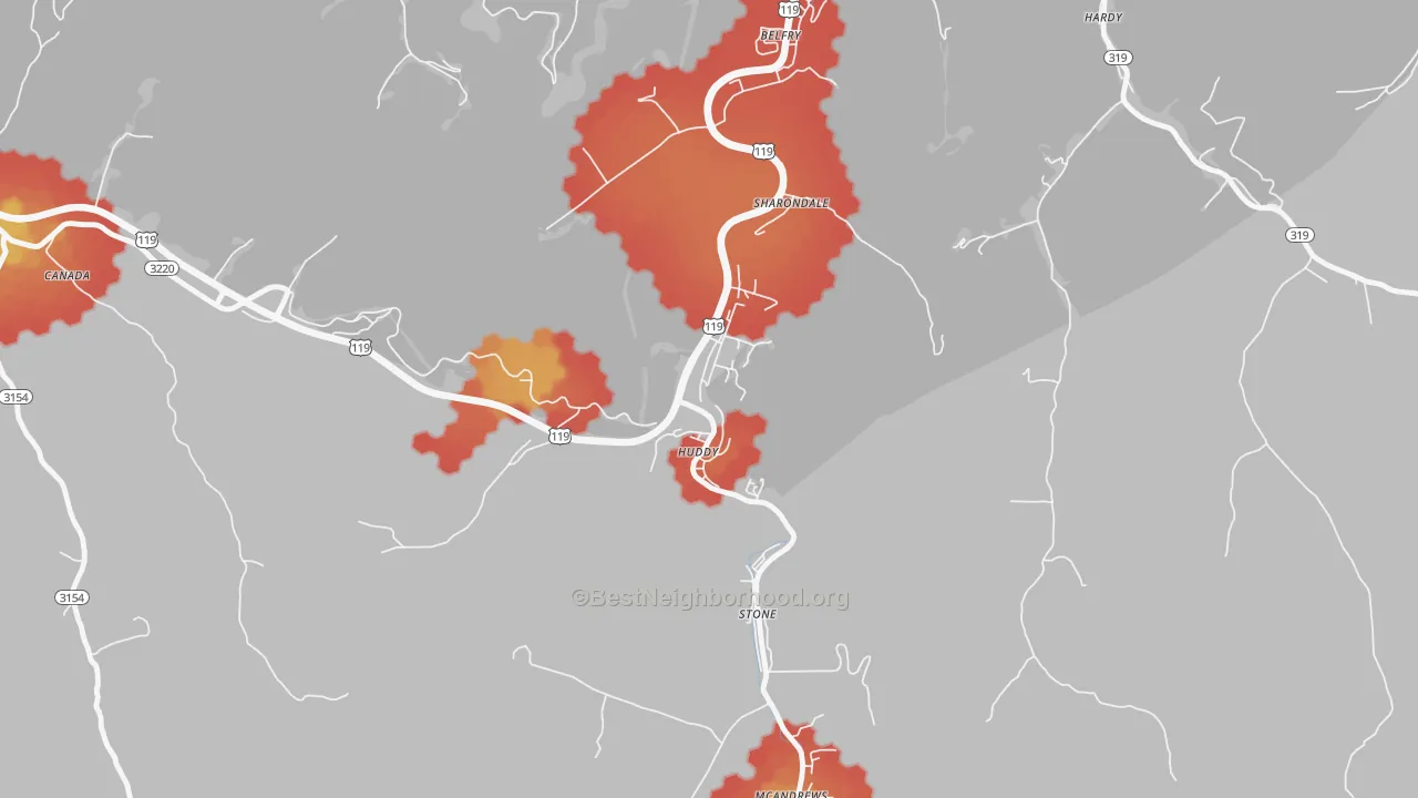 Walk Grade map of 41535, KY, walkable areas in green and car-dependent areas in red