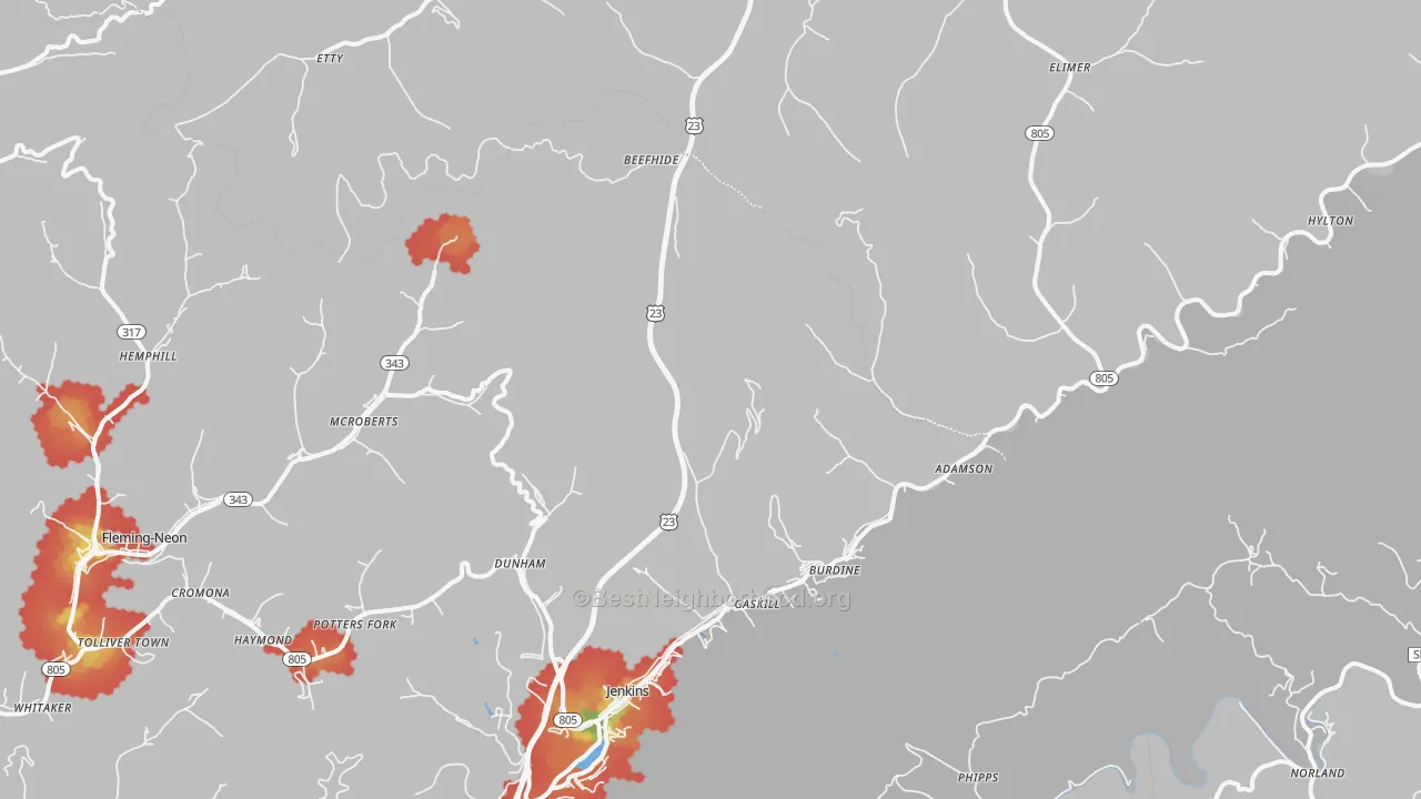 Walk Grade map of 41537, KY, walkable areas in green and car-dependent areas in red