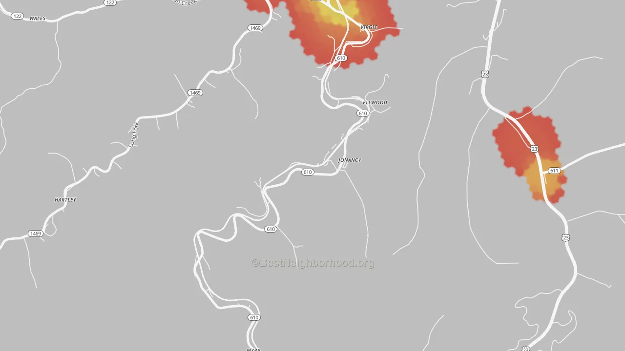 Walk Grade map of 41538, KY, walkable areas in green and car-dependent areas in red