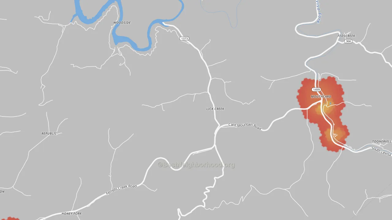Walk Grade map of 41540, KY, walkable areas in green and car-dependent areas in red