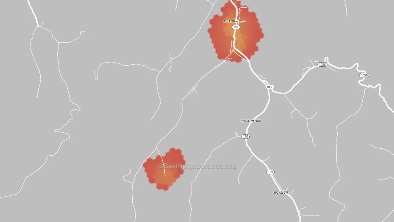 Walk Grade map of 41543, KY, walkable areas in green and car-dependent areas in red