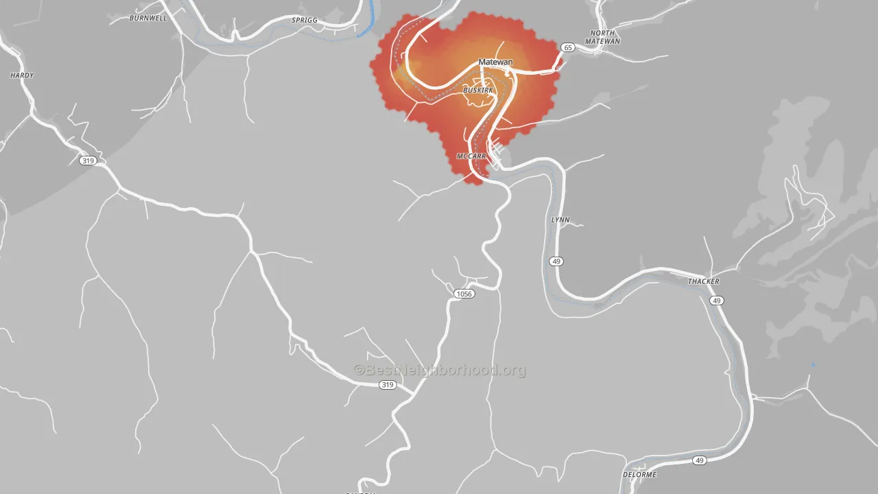 Walk Grade map of 41544, KY, walkable areas in green and car-dependent areas in red