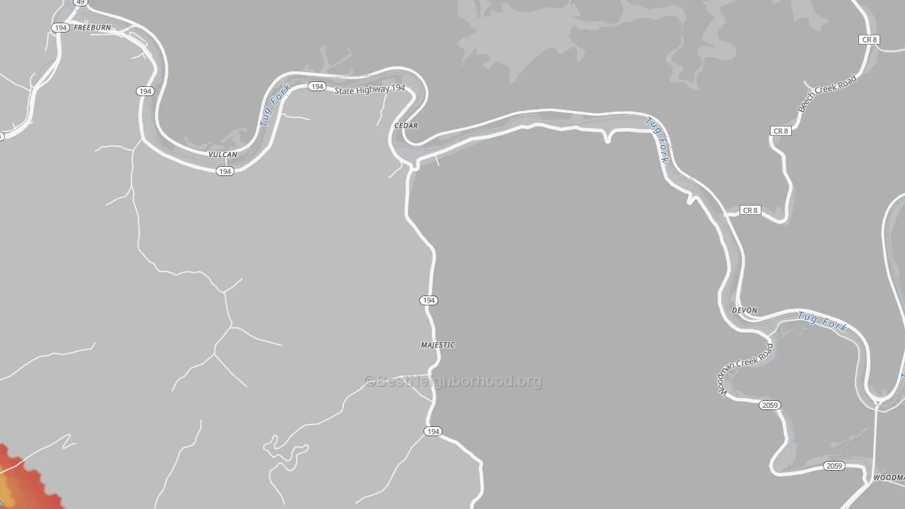 Walk Grade map of 41547, KY, walkable areas in green and car-dependent areas in red