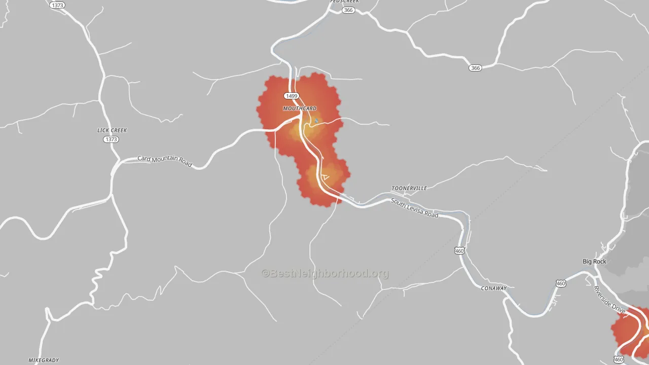 Walk Grade map of 41548, KY, walkable areas in green and car-dependent areas in red